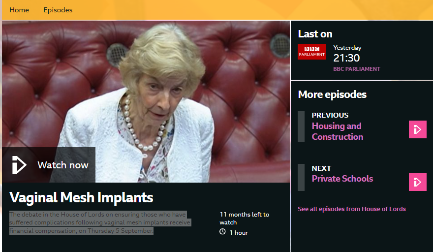 Video of the House of Lords debate on vaginal mesh implants